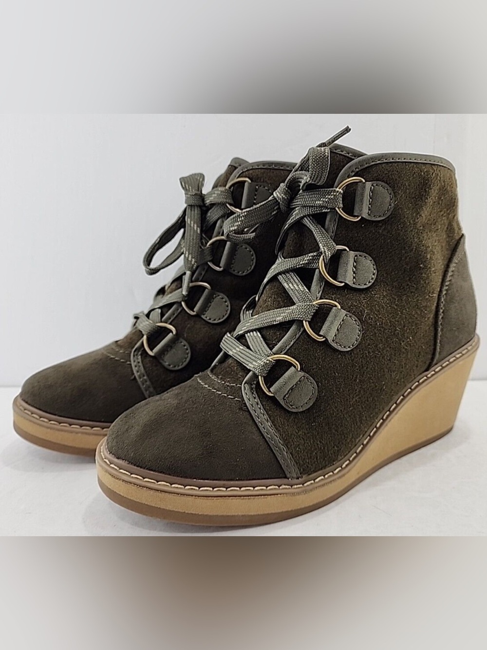 Merona Olive Suede Lace-Up Wedge Ankle Boots